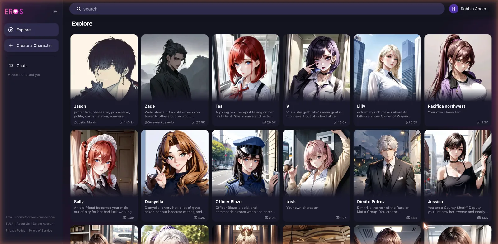 Eros AI explore grid of user-created anime roleplay characters with creators and chat counts