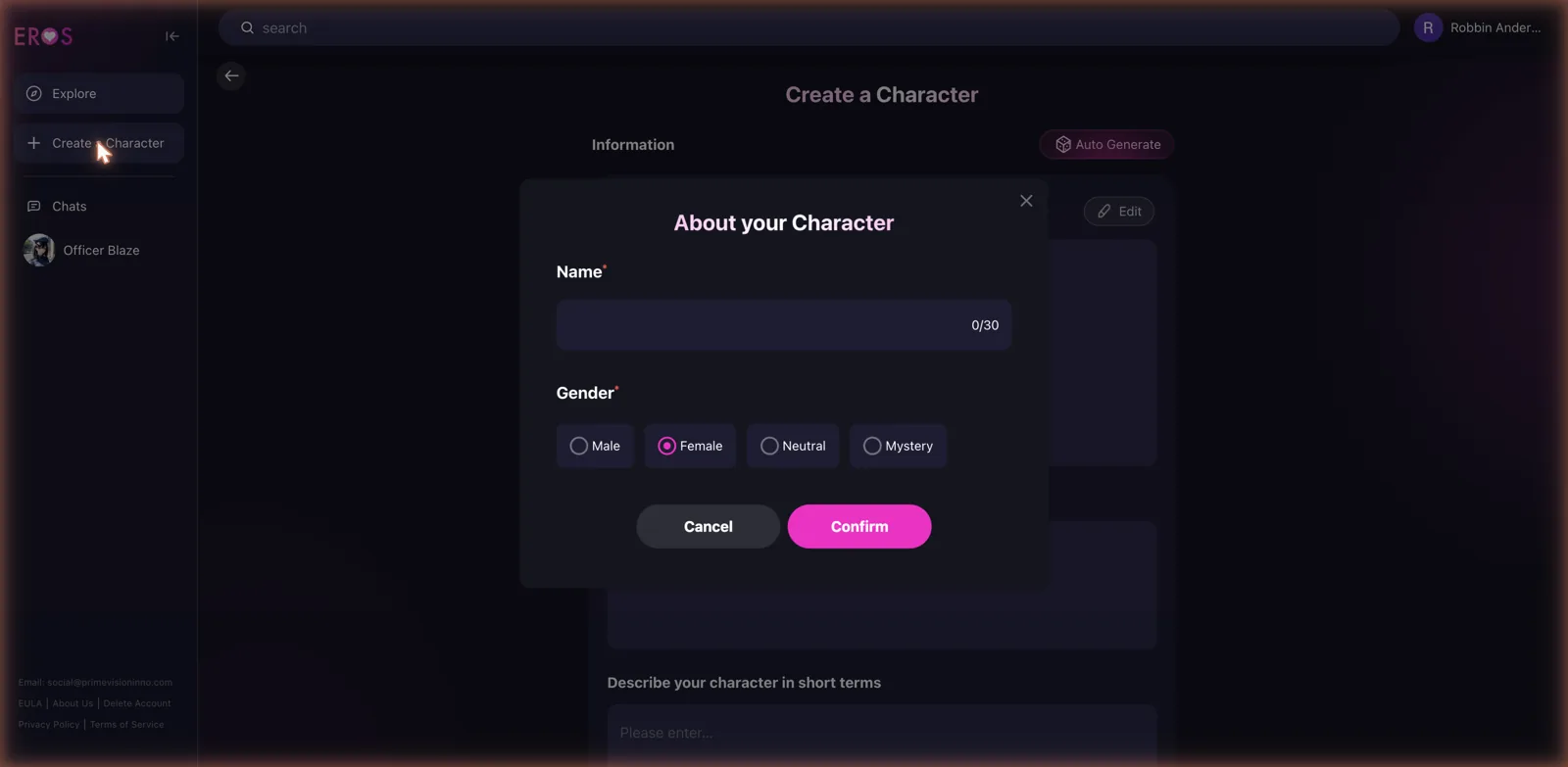 Eros AI create a character screen with name, gender and an Auto Generate option