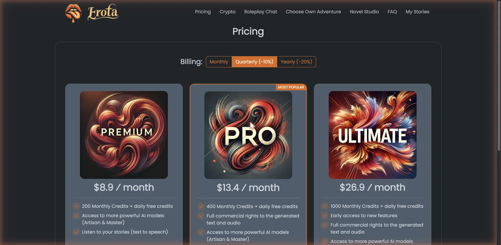 Erota pricing Premium Pro Ultimate from $8.90 to $26.90 per month with credits and AI model access