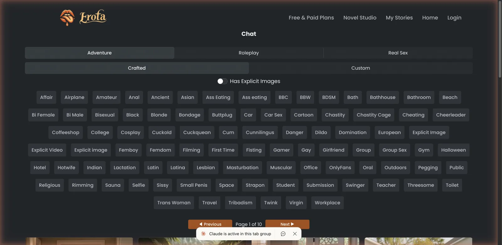 Erota roleplay chat modes Adventure, Roleplay and Real Sex with a large grid of theme and kink tags