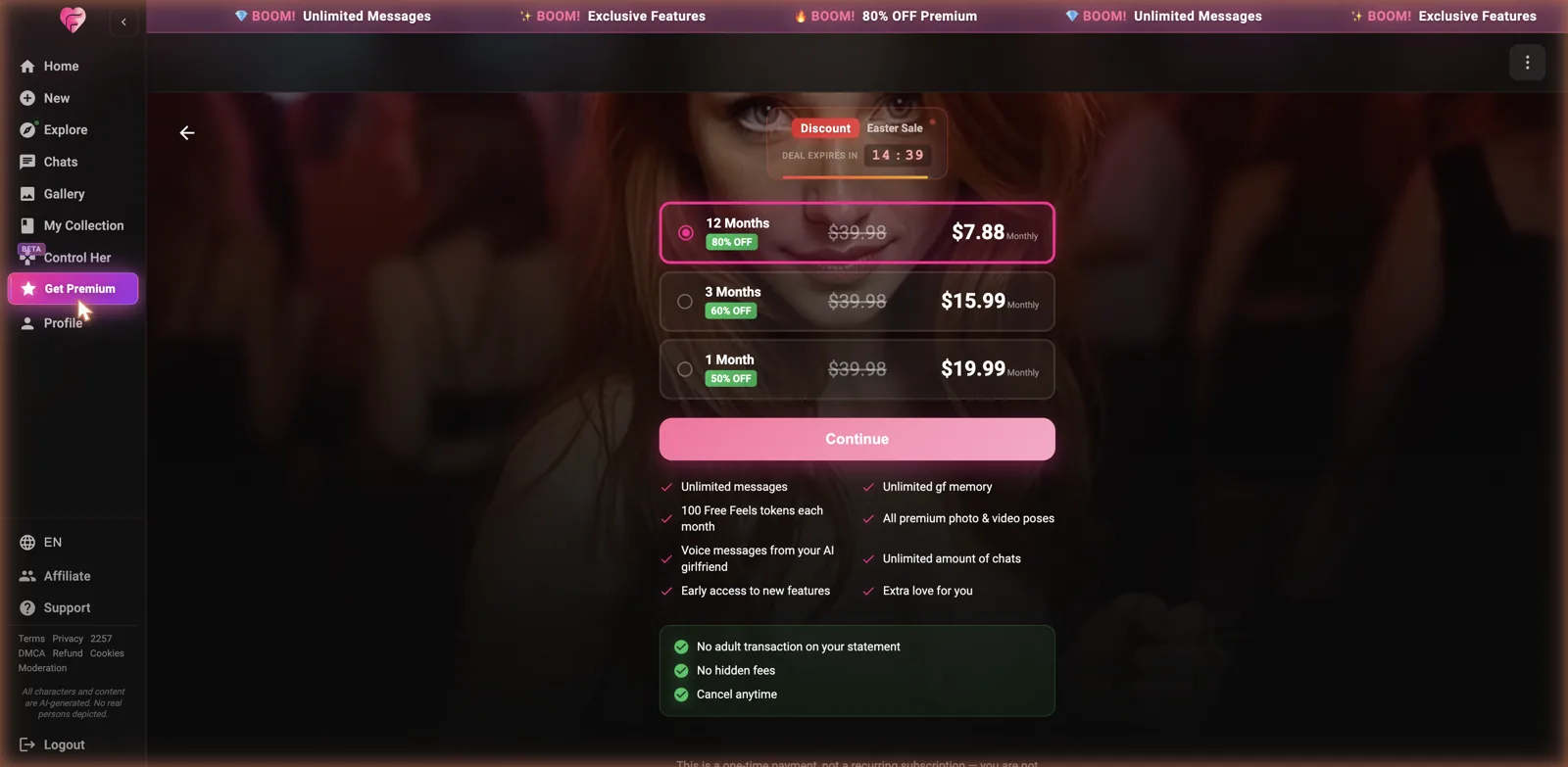 FeelReal Premium pricing with 12-month, 3-month and 1-month plans, a Feels token allowance and discreet billing
