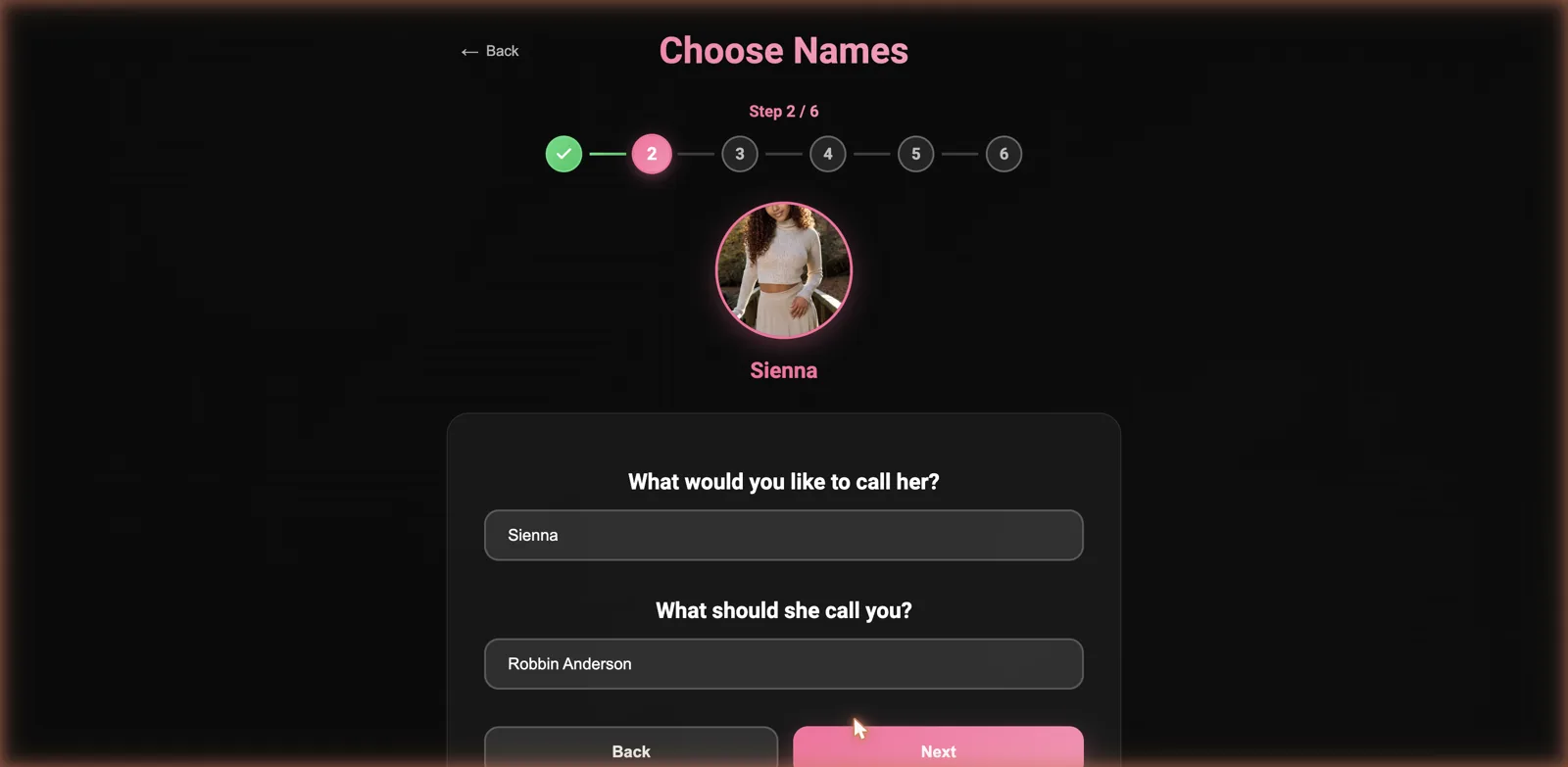 FeelReal six-step girlfriend creation wizard on the naming step, showing the chosen character Sienna and name fields