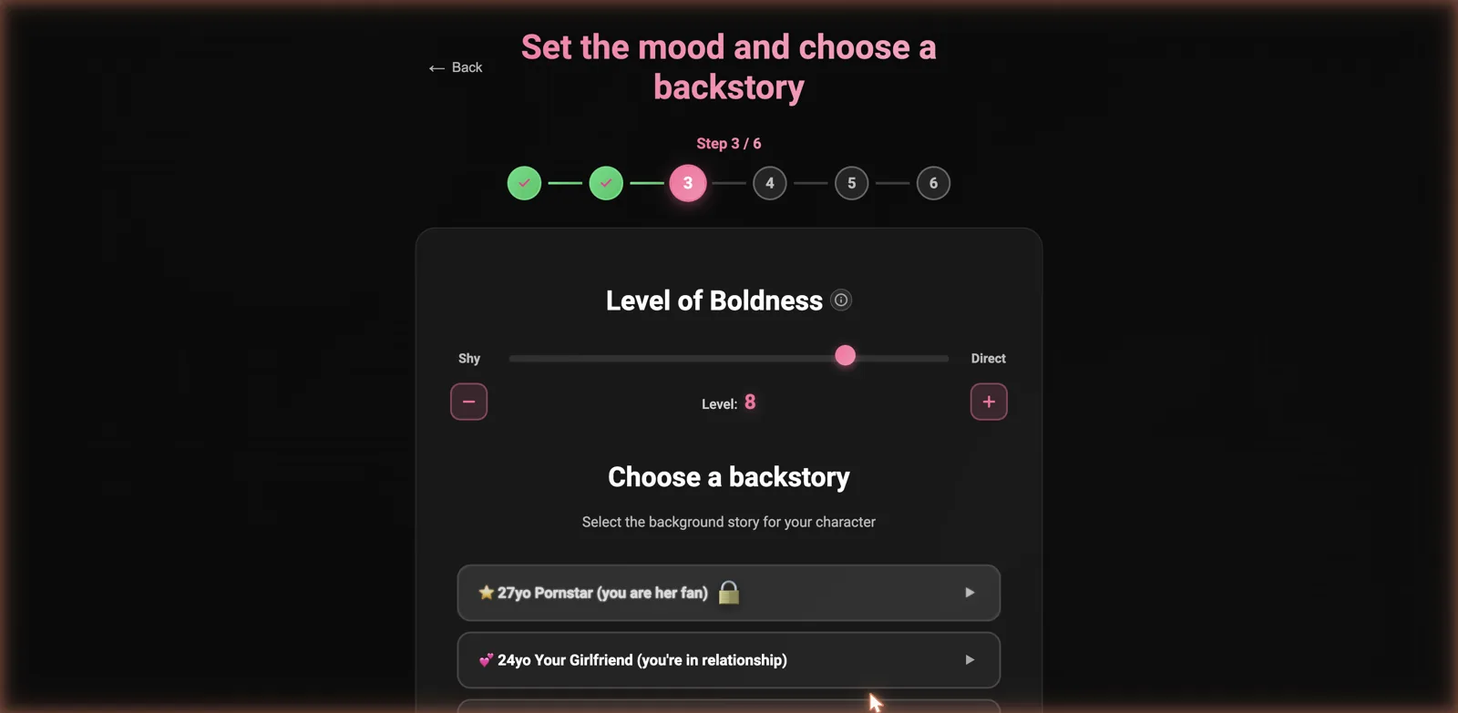 FeelReal setup step with a Level of Boldness slider from Shy to Direct and a list of backstory scenarios to choose from