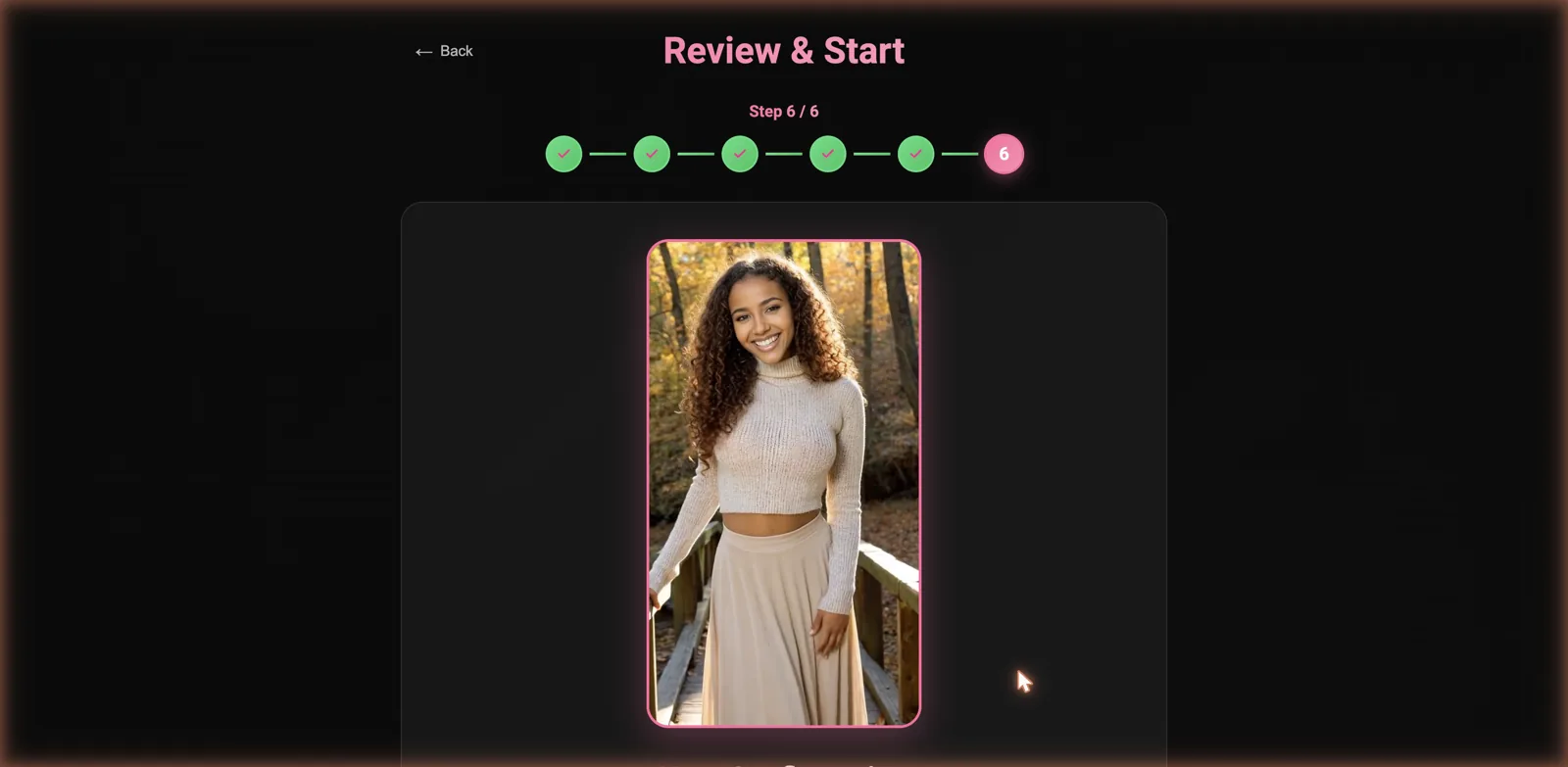 FeelReal final review screen showing the created AI girlfriend Sienna before starting the chat