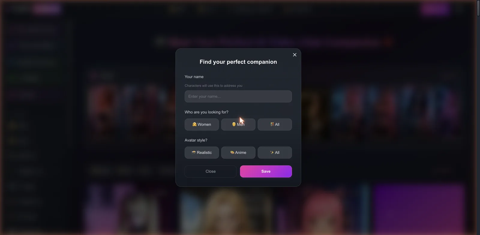 FlirtCam.AI onboarding modal asking your name, who you are looking for, and realistic or anime avatar style