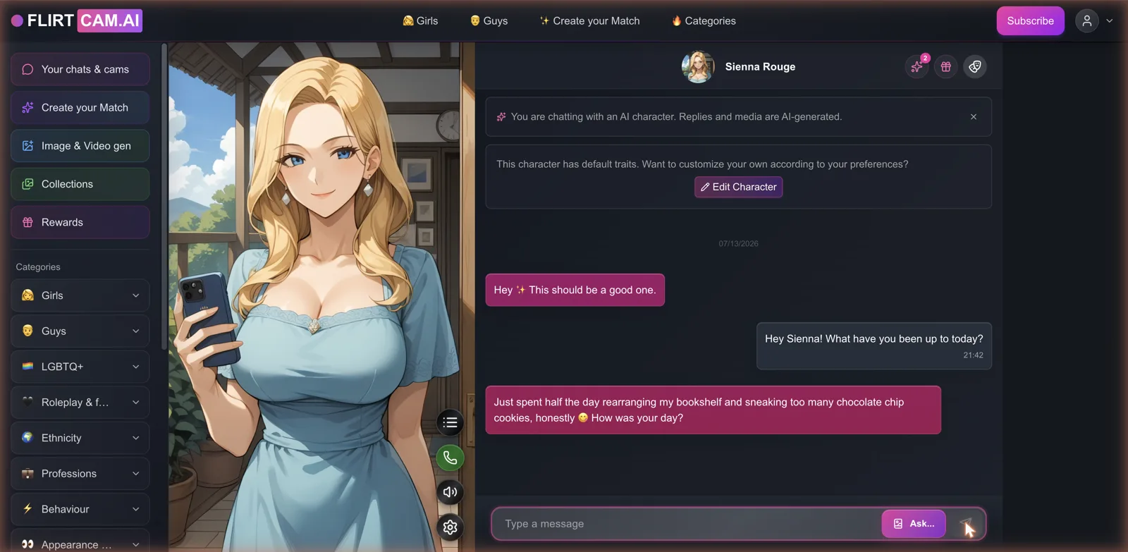 FlirtCam.AI chat interface with an anime character portrait on the left and a natural conversation on the right
