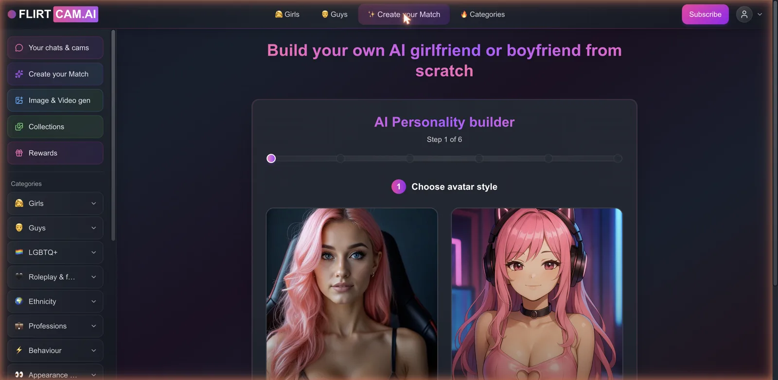 FlirtCam.AI six-step AI Personality builder, step one choosing a realistic or anime avatar style