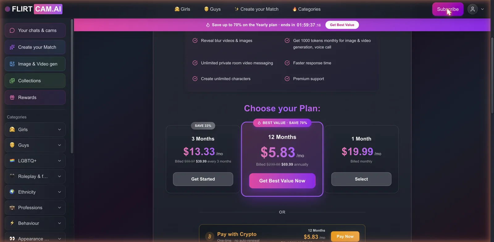 FlirtCam.AI subscription plans: 1 month, 3 months and best-value 12 months, plus a pay-with-crypto option