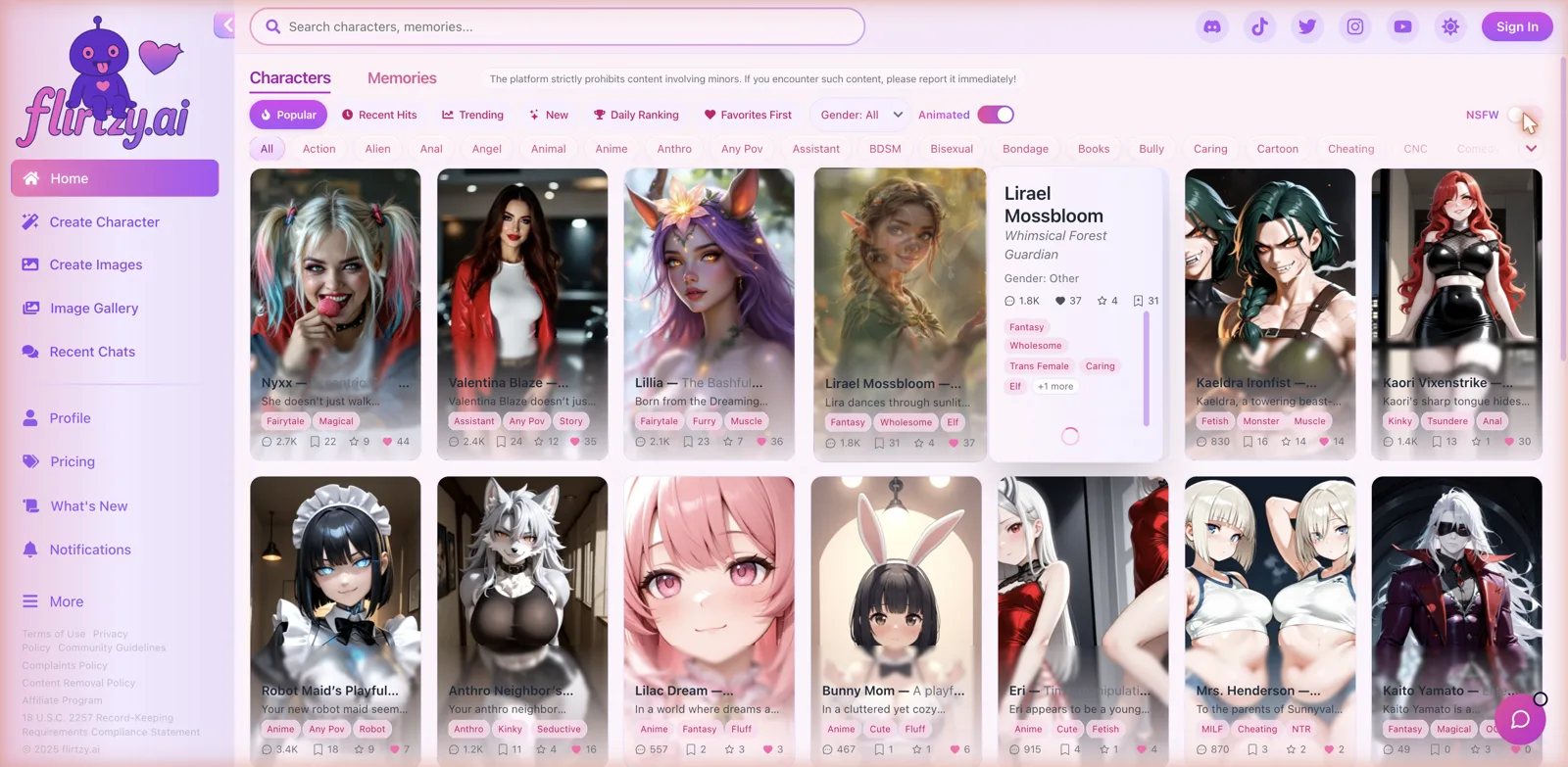 Flirtzy.ai character library home page