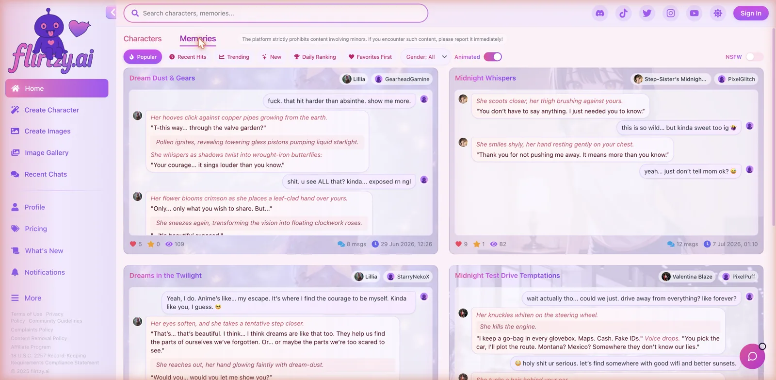 Flirtzy.ai Memories feed of shared roleplay excerpts