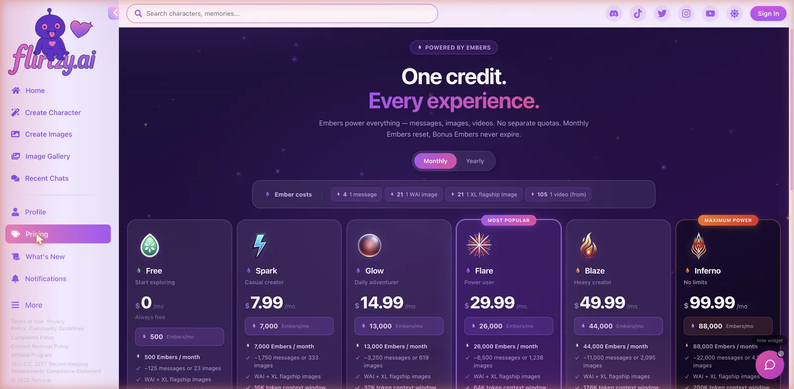Flirtzy.ai Embers pricing plans