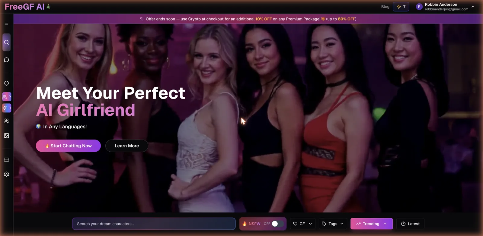 FreeGF AI homepage advertising a free AI girlfriend in any language