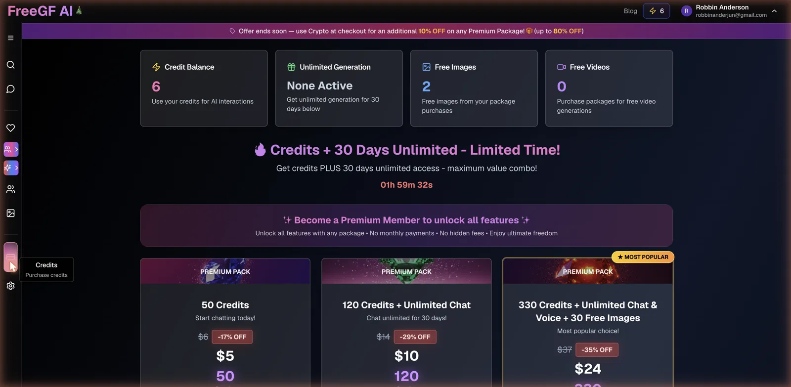 FreeGF AI one-time credit pack pricing with no monthly subscription