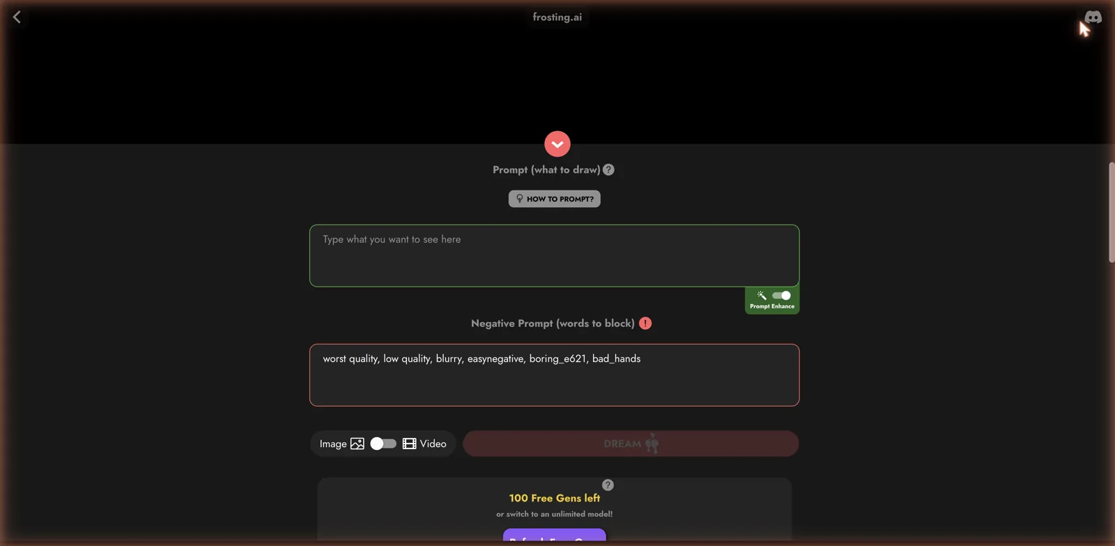 Frosting AI Dream generator with a prompt box, a pre-filled negative prompt, a Prompt Enhance toggle and an image or video switch