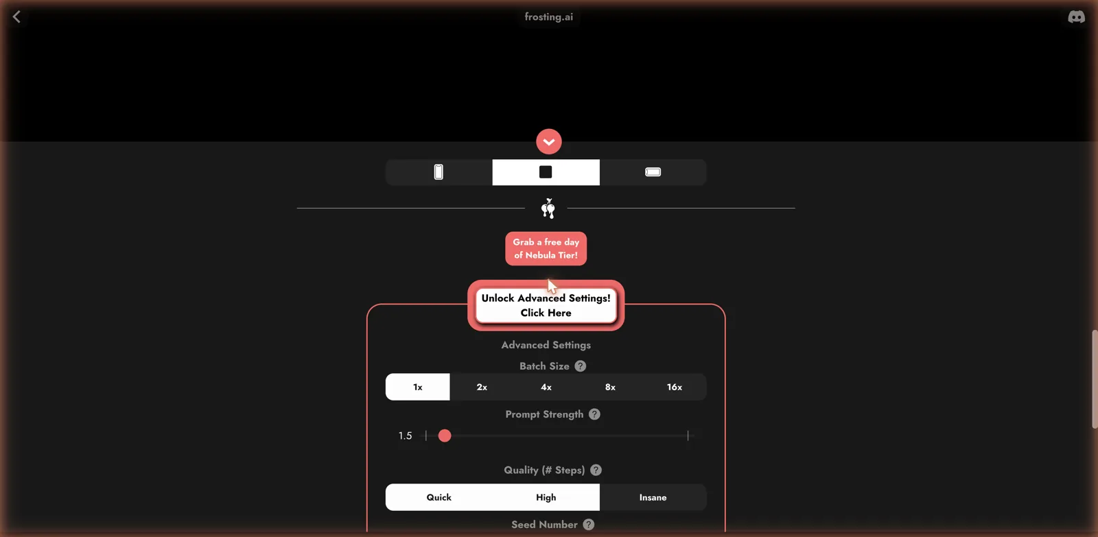 Frosting AI advanced settings with batch size up to 16x, a prompt strength slider, quality steps and a seed field