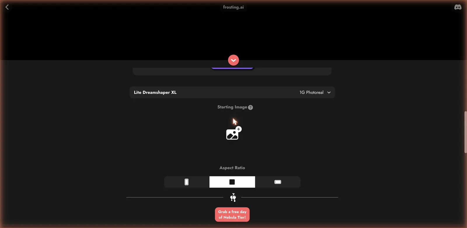Frosting AI model selector showing Lite Dreamshaper XL with a photoreal tag, a starting image slot and aspect ratio options