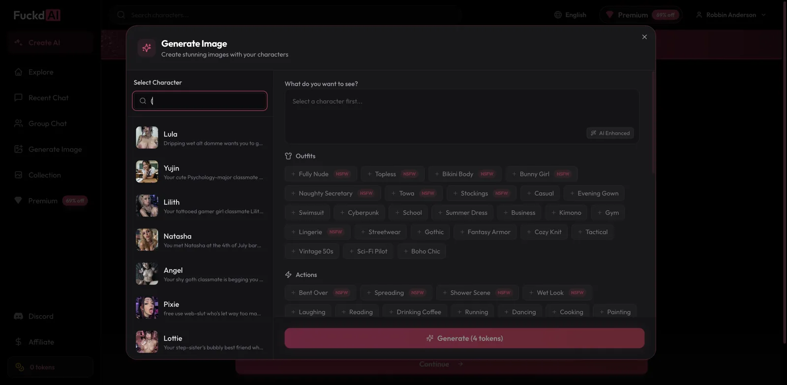 Fuckd AI image generator with outfit and action menus