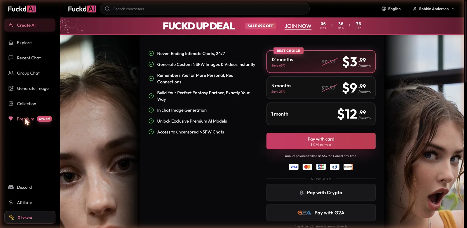 Fuckd AI premium subscription pricing