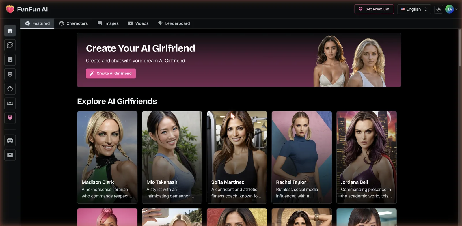 FunFun AI homepage with a grid of AI girlfriend characters