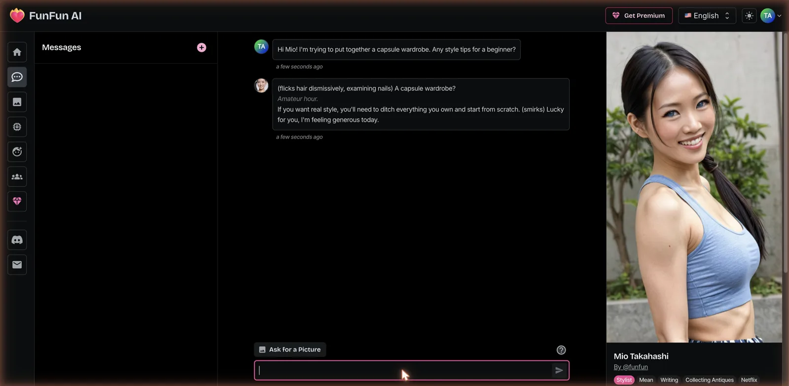 Chatting with a mean-tagged AI girlfriend character on FunFun AI