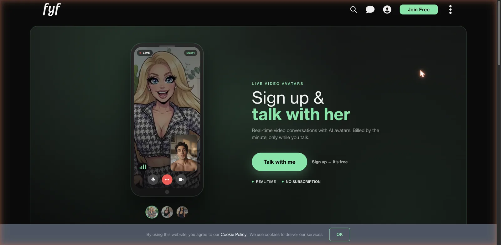 FYF real-time video call screen with an animated avatar companion, timer, and camera controls