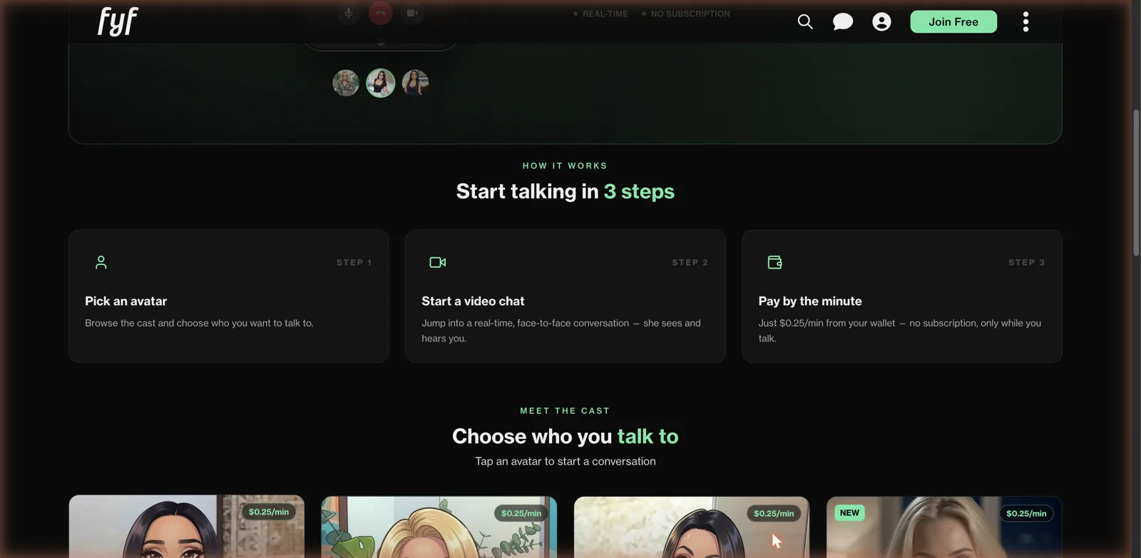 FYF how it works three steps: pick an avatar, start a video chat, pay 25 cents per minute