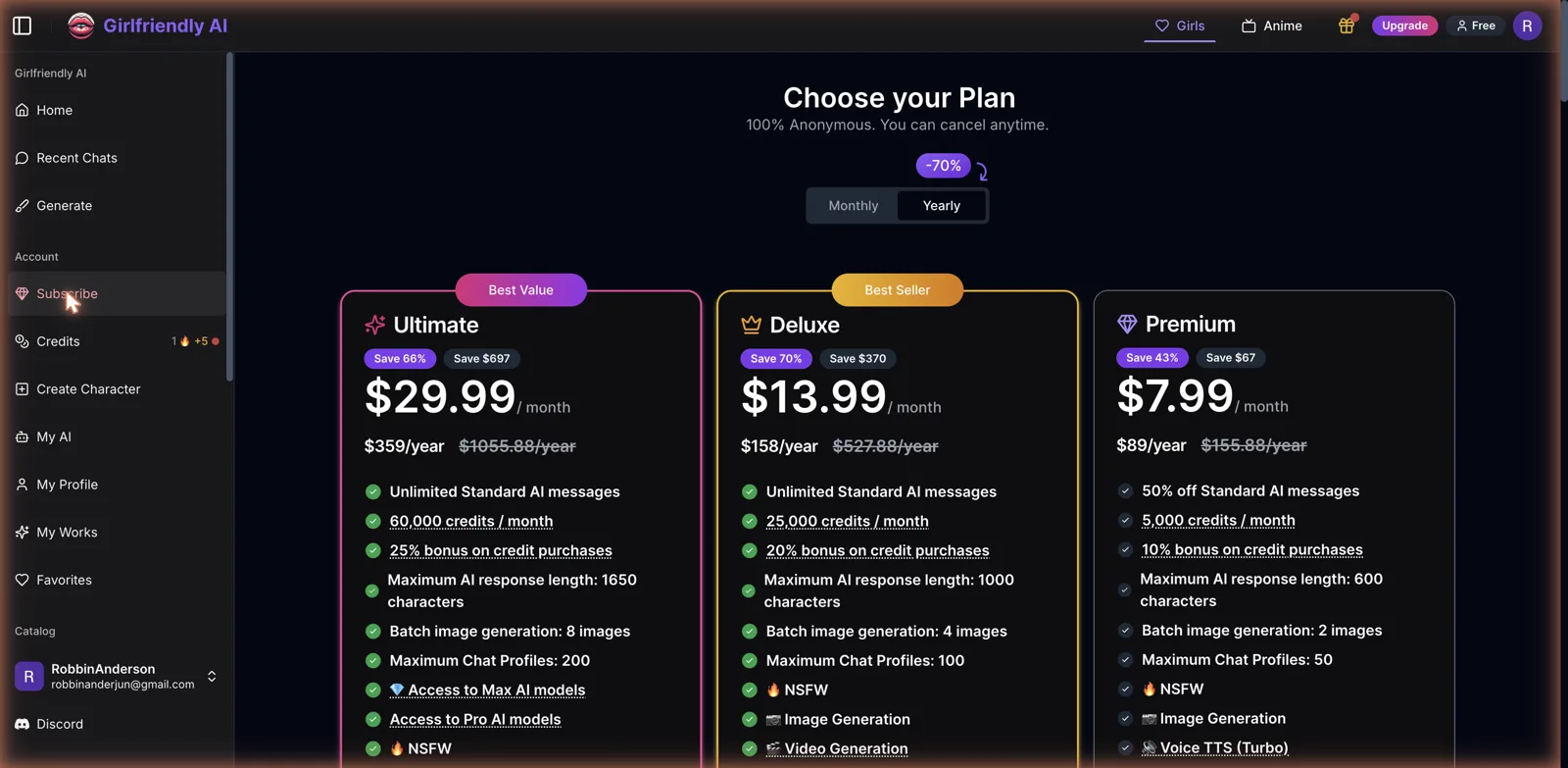 Girlfriendly AI subscription tiers Premium Deluxe Ultimate with model access
