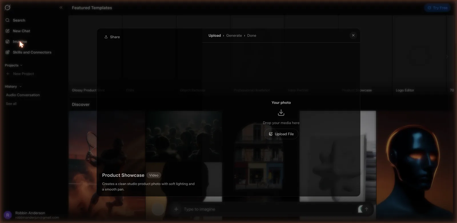 Grok Imagine image and video generator showing featured templates and Image, Video and Agent modes