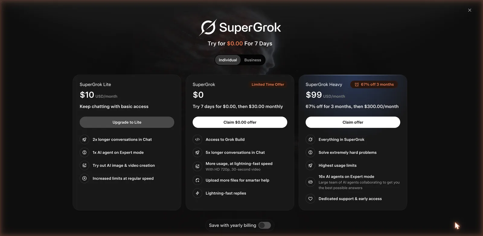 Grok SuperGrok pricing modal showing SuperGrok Lite at 10 dollars, SuperGrok at 30 dollars with a 7 day trial, and SuperGrok Heavy at 300 dollars