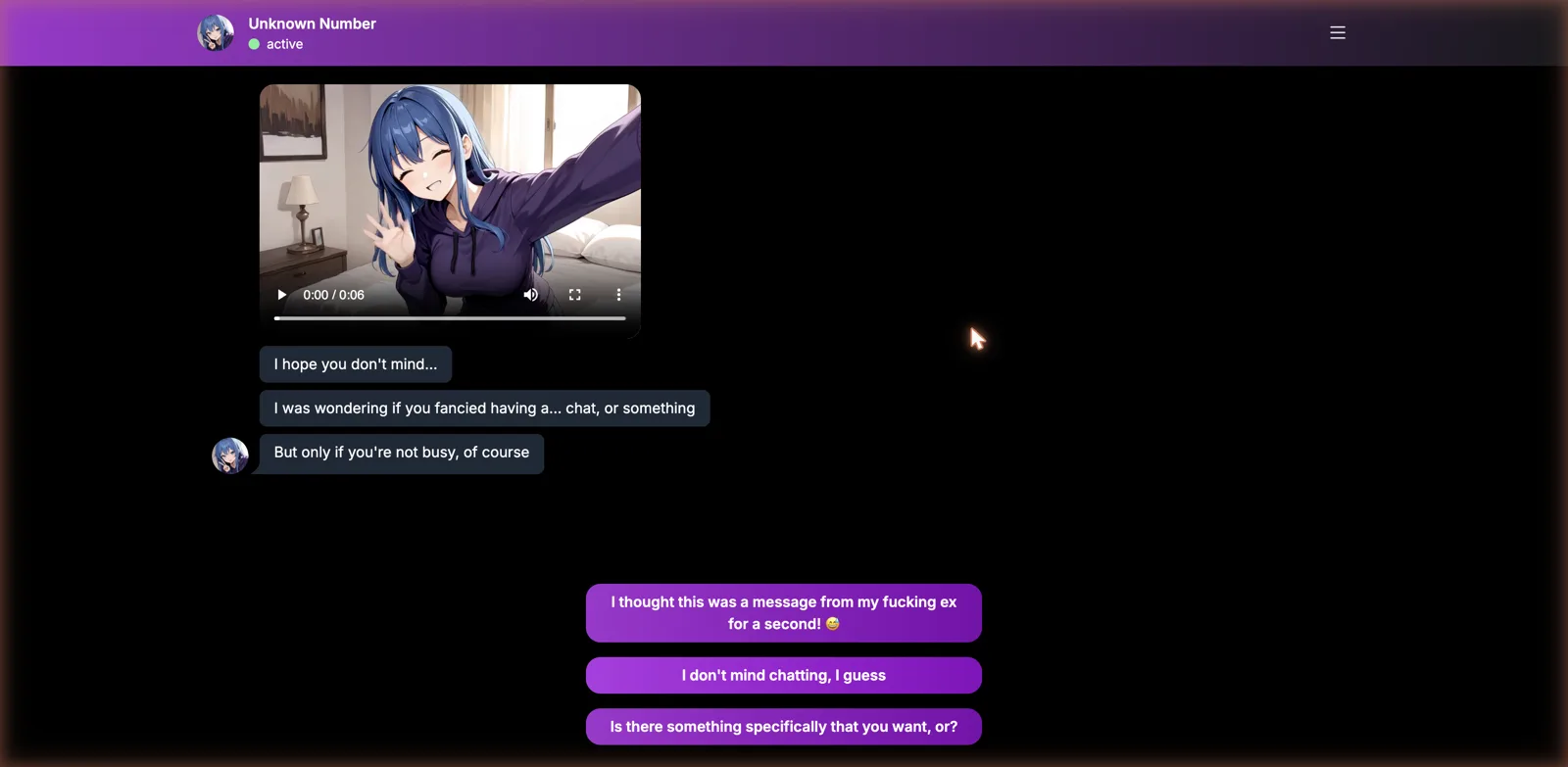 HentaiChats scripted demo chat interface with an anime character, message bubbles and tap-to-reply options