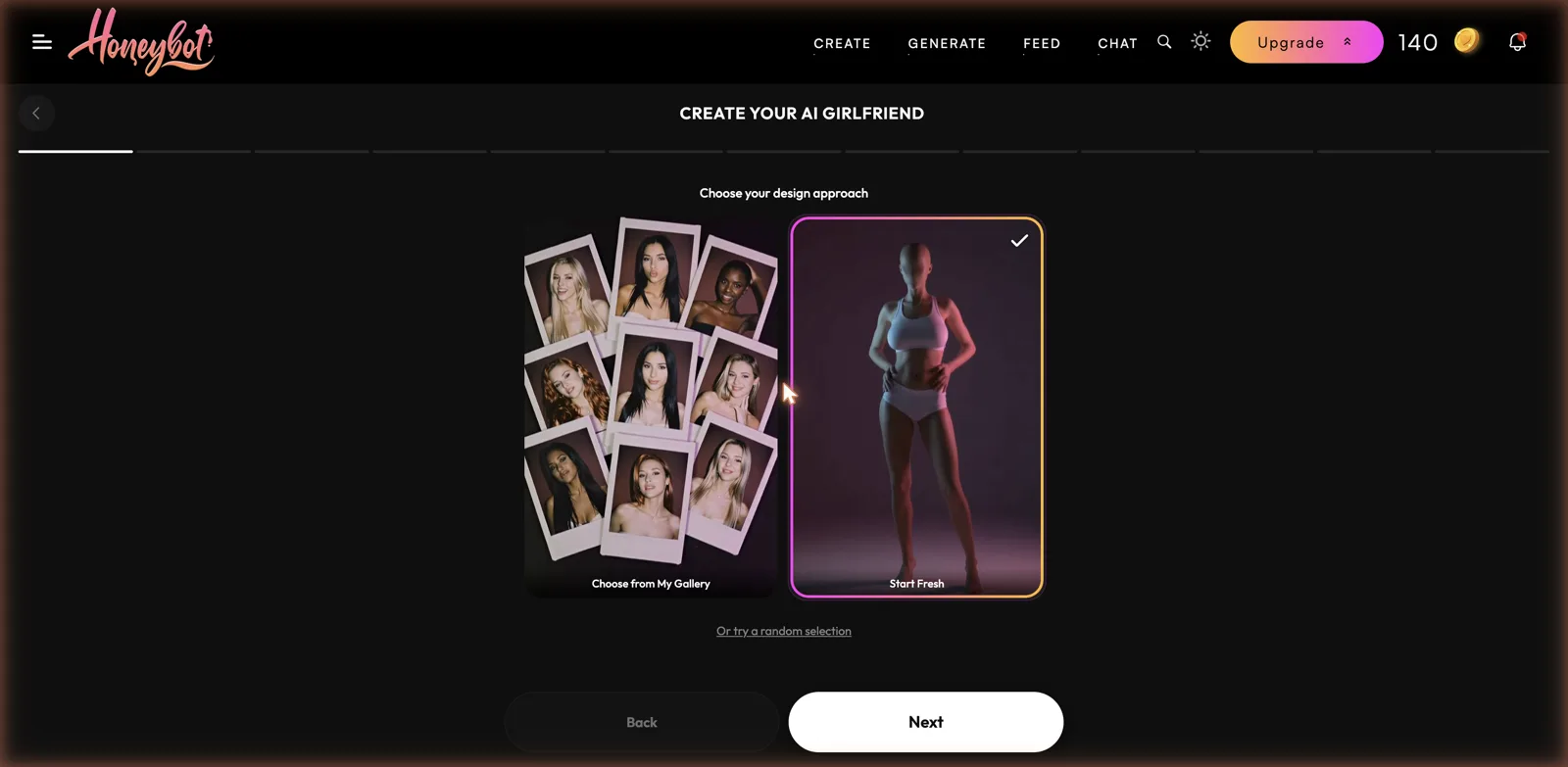 Honeybot AI character creation wizard choosing a design approach
