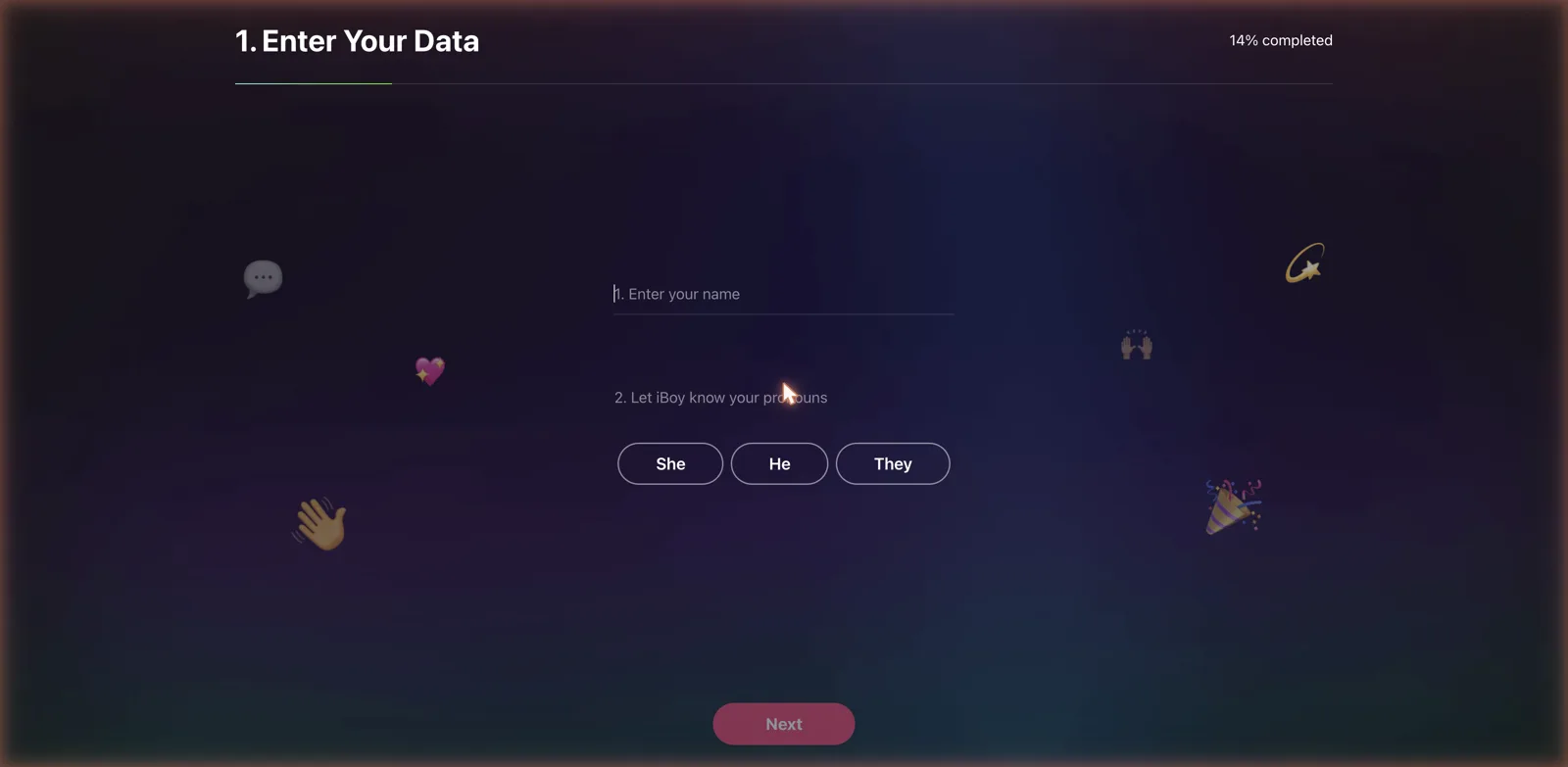 iBoy AI onboarding asking for your name and pronouns