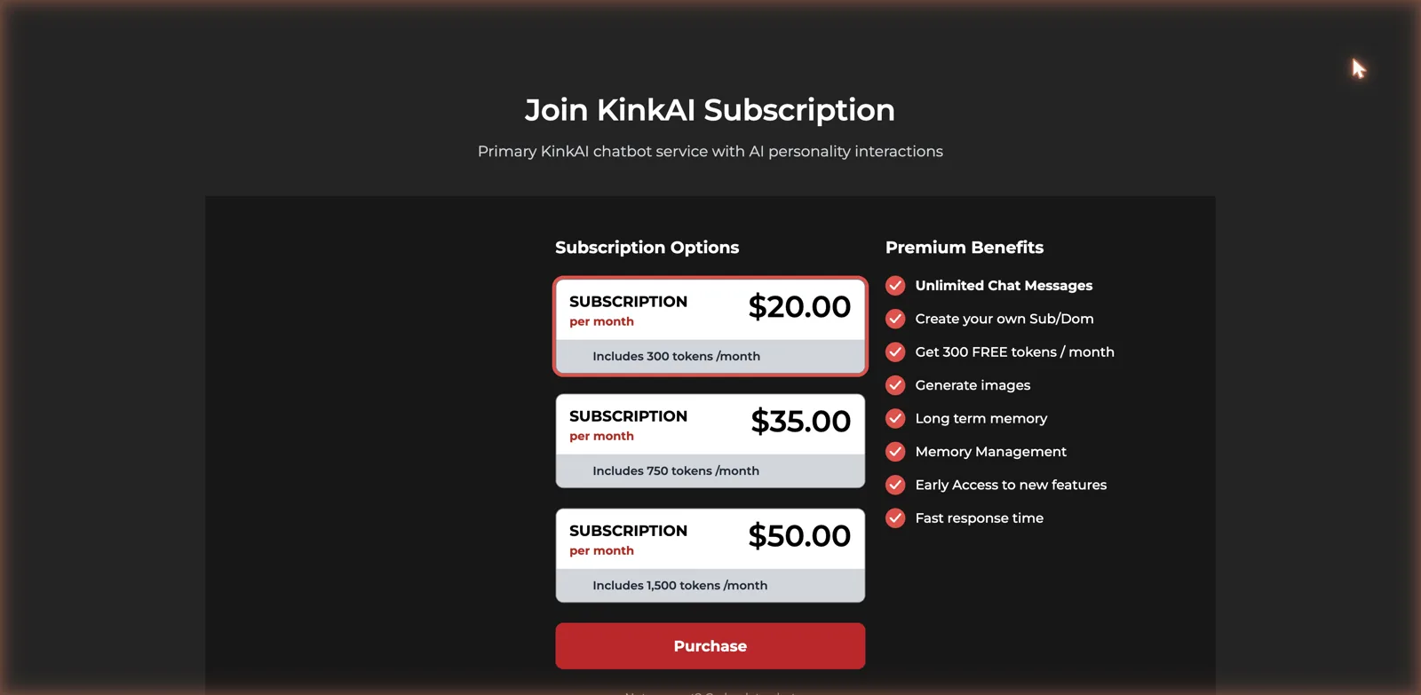 Kink AI subscription pricing at 20, 35, and 50 dollars a month with token allotments and premium benefits