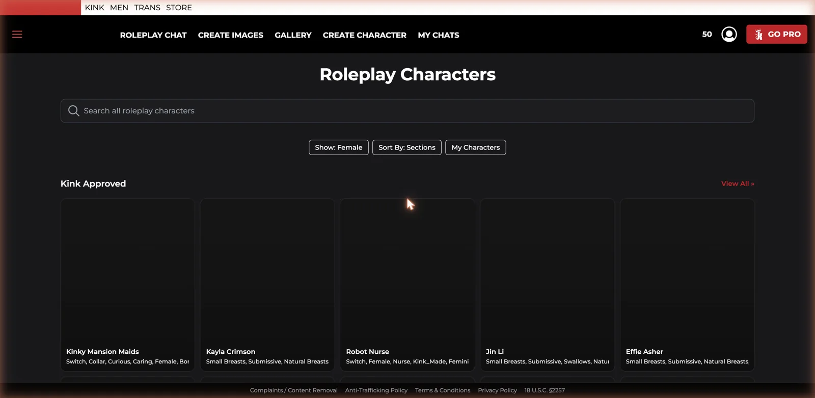 Kink AI roleplay characters library with a Kink Approved section and characters tagged by BDSM dynamic
