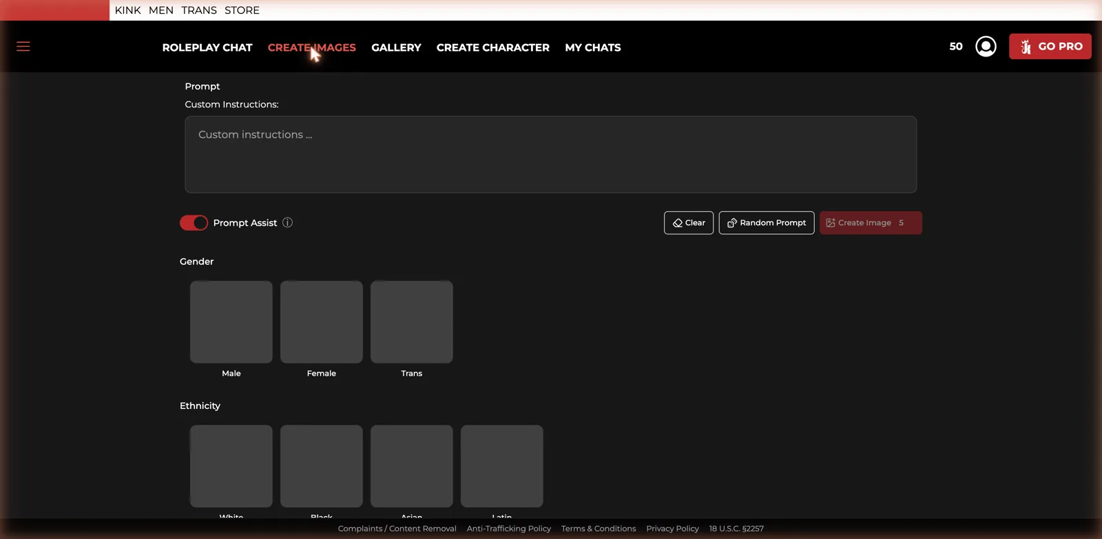 Kink AI image generator with a custom instructions prompt box, Prompt Assist toggle, and gender and ethnicity options