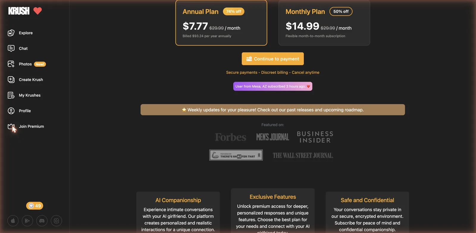 KrushChat premium subscription pricing