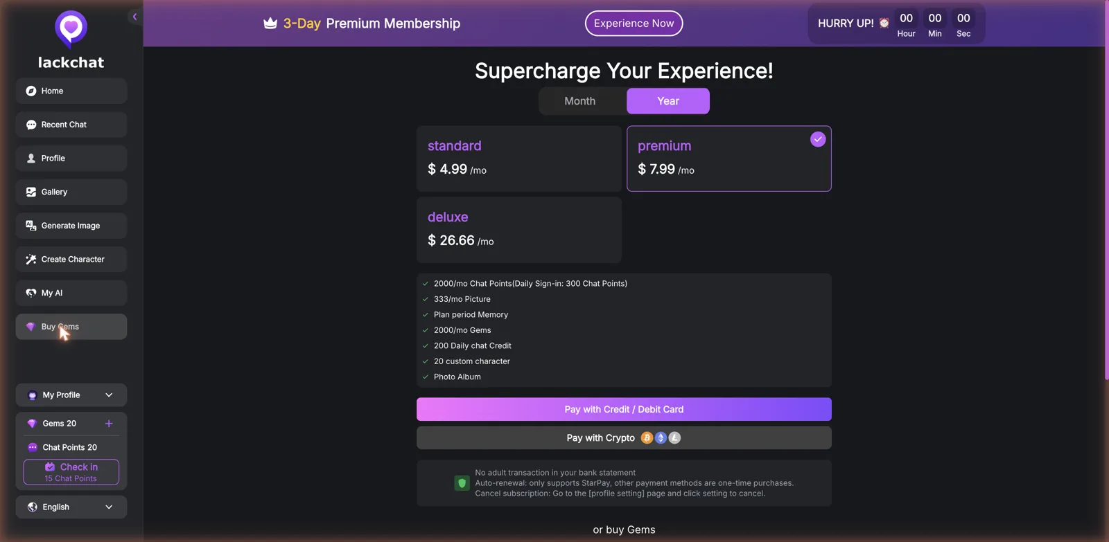 LackChat pricing tiers standard premium deluxe with dual currency