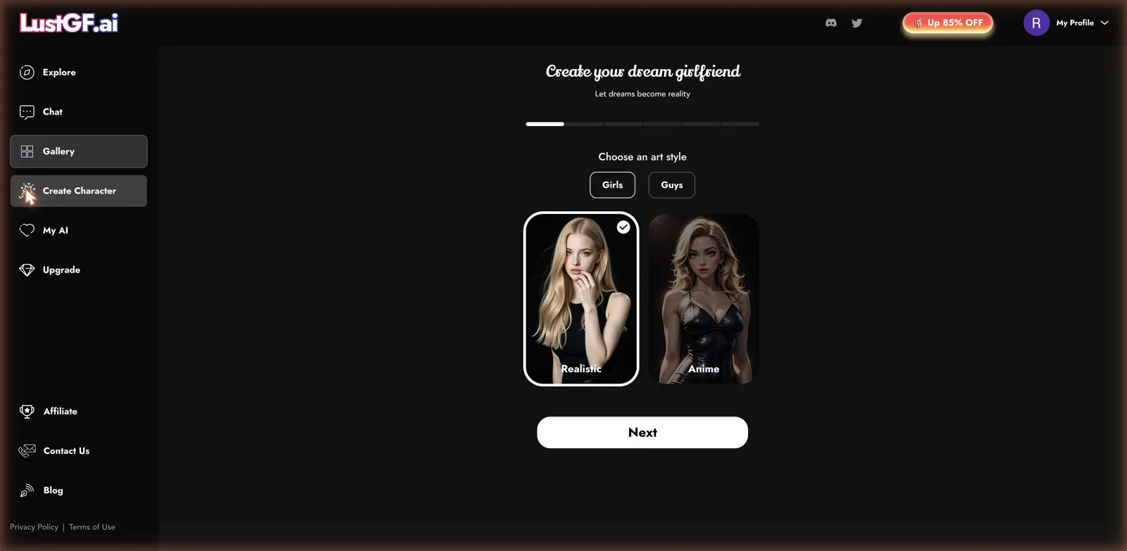 LustGF AI character creator choosing girls or guys and realistic or anime style