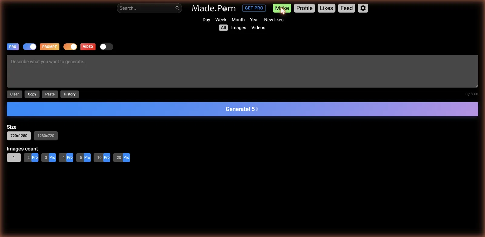 Made.Porn's entire interface: one prompt box for image and video generation.