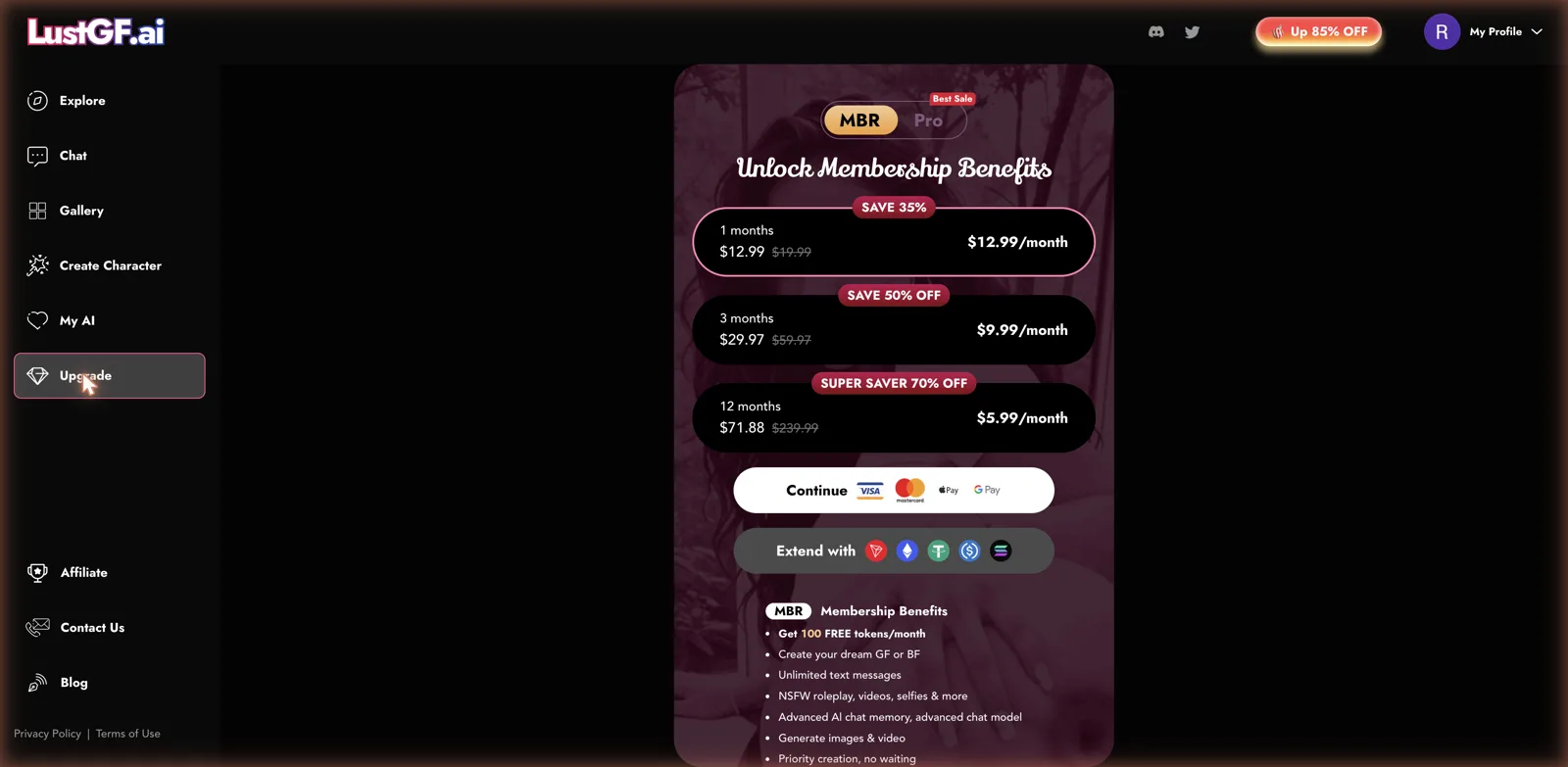LustGF AI membership pricing tiers with token benefits