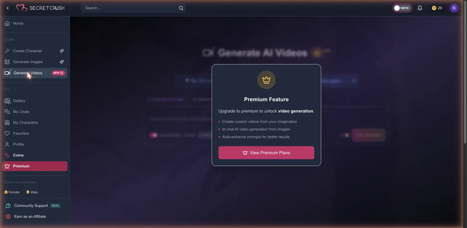 SecretCrush AI video generation gated behind a premium upgrade