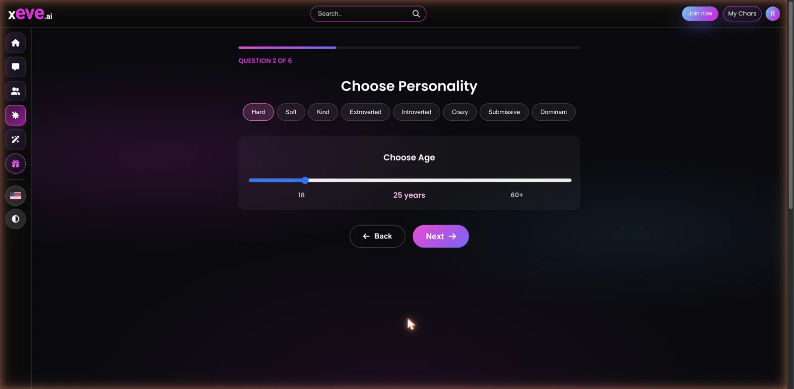 Xeve.ai character builder personality traits and age slider