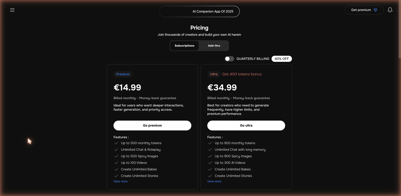 MyBabes AI pricing with Premium and Ultra tiers quoted in euros
