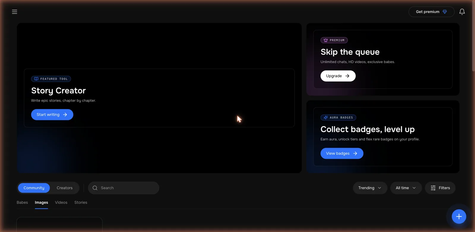 MyBabes AI Explore page with the Story Creator, an aura badge system, and Babes, Images, Videos, and Stories tabs