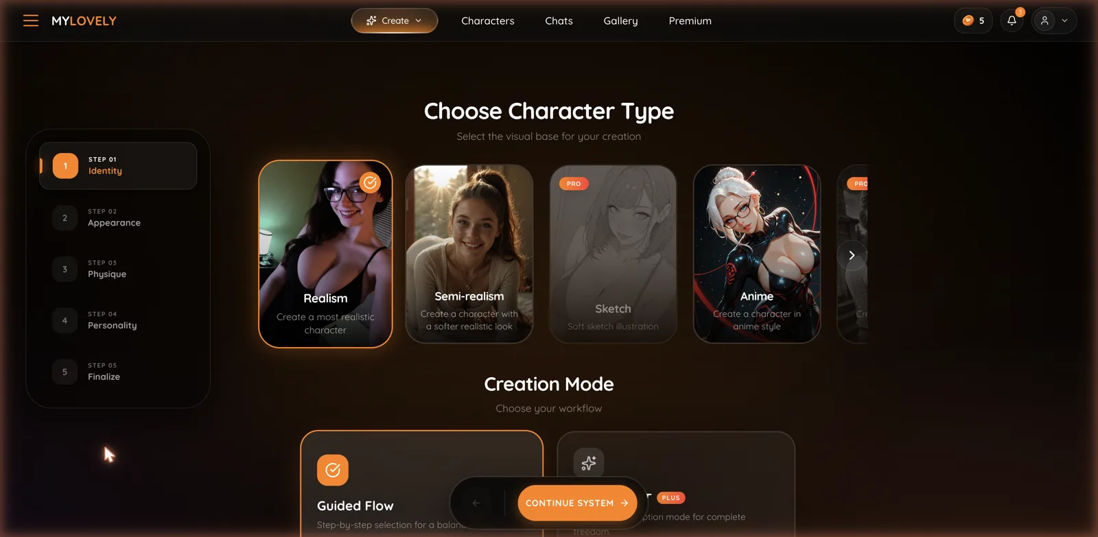 MyLovely AI character creation five-step builder
