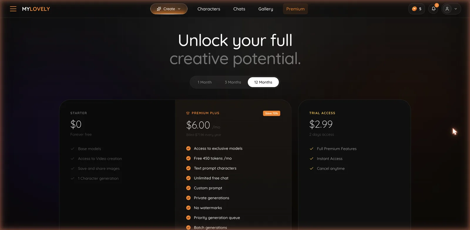 MyLovely AI pricing page