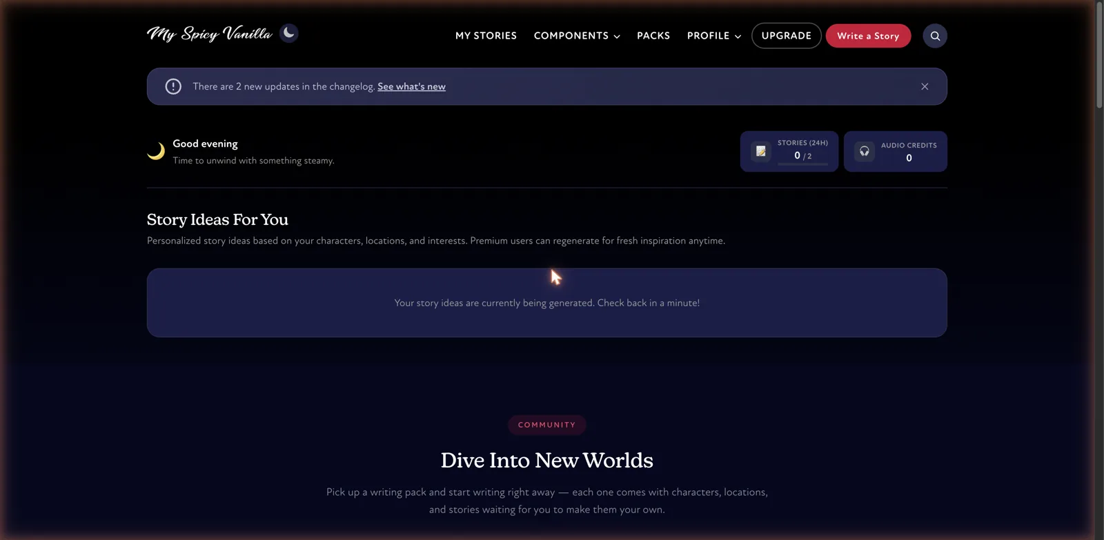 My Spicy Vanilla dashboard showing the daily story counter and personalized story ideas