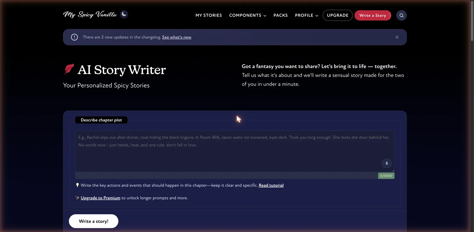 My Spicy Vanilla AI Story Writer with a plot description box and a Write a story button
