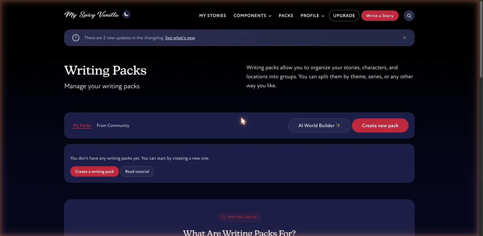 My Spicy Vanilla Writing Packs page with My Packs, community packs, and an AI World Builder