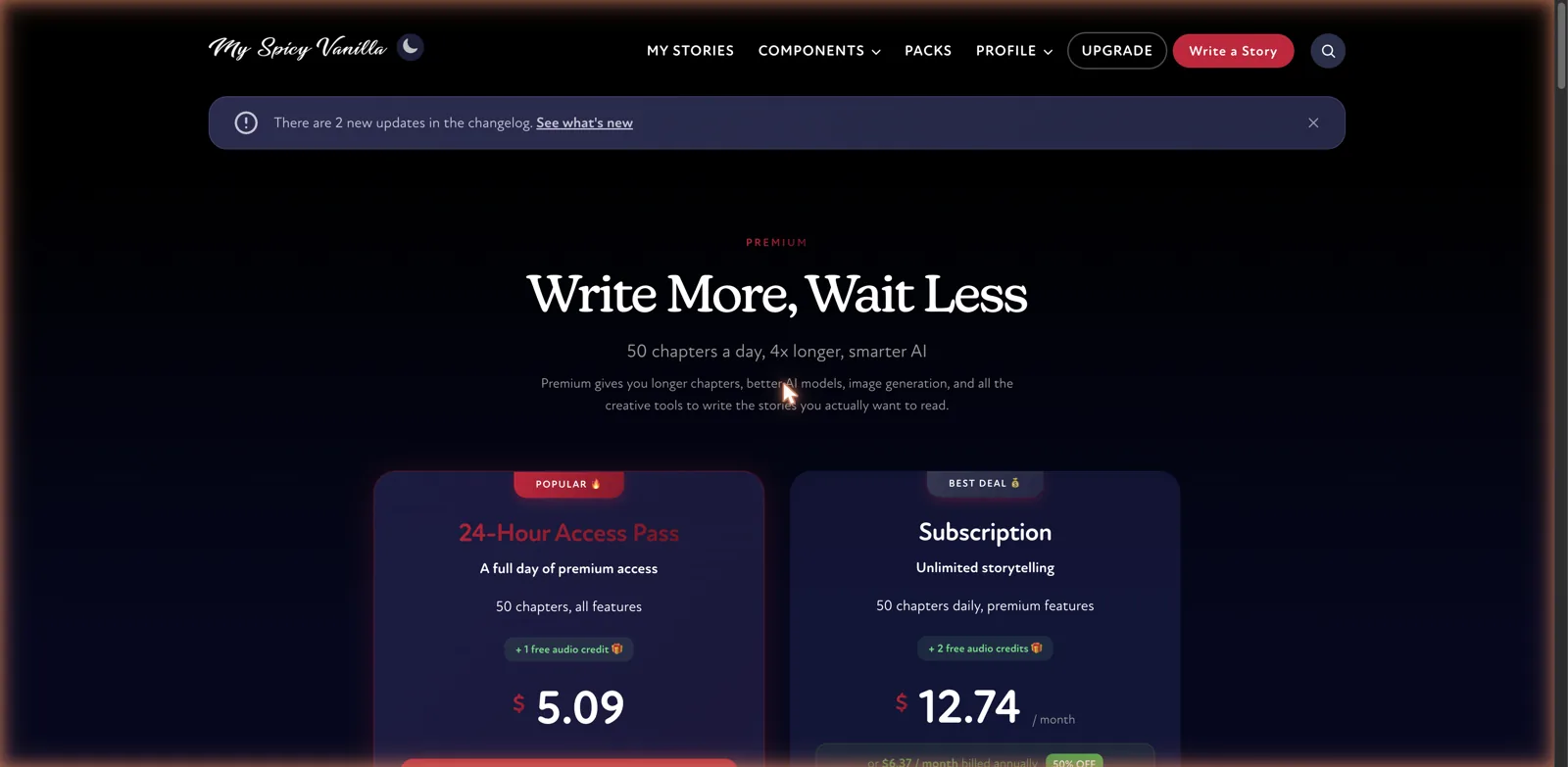 My Spicy Vanilla premium pricing with a 24-hour access pass and a monthly subscription